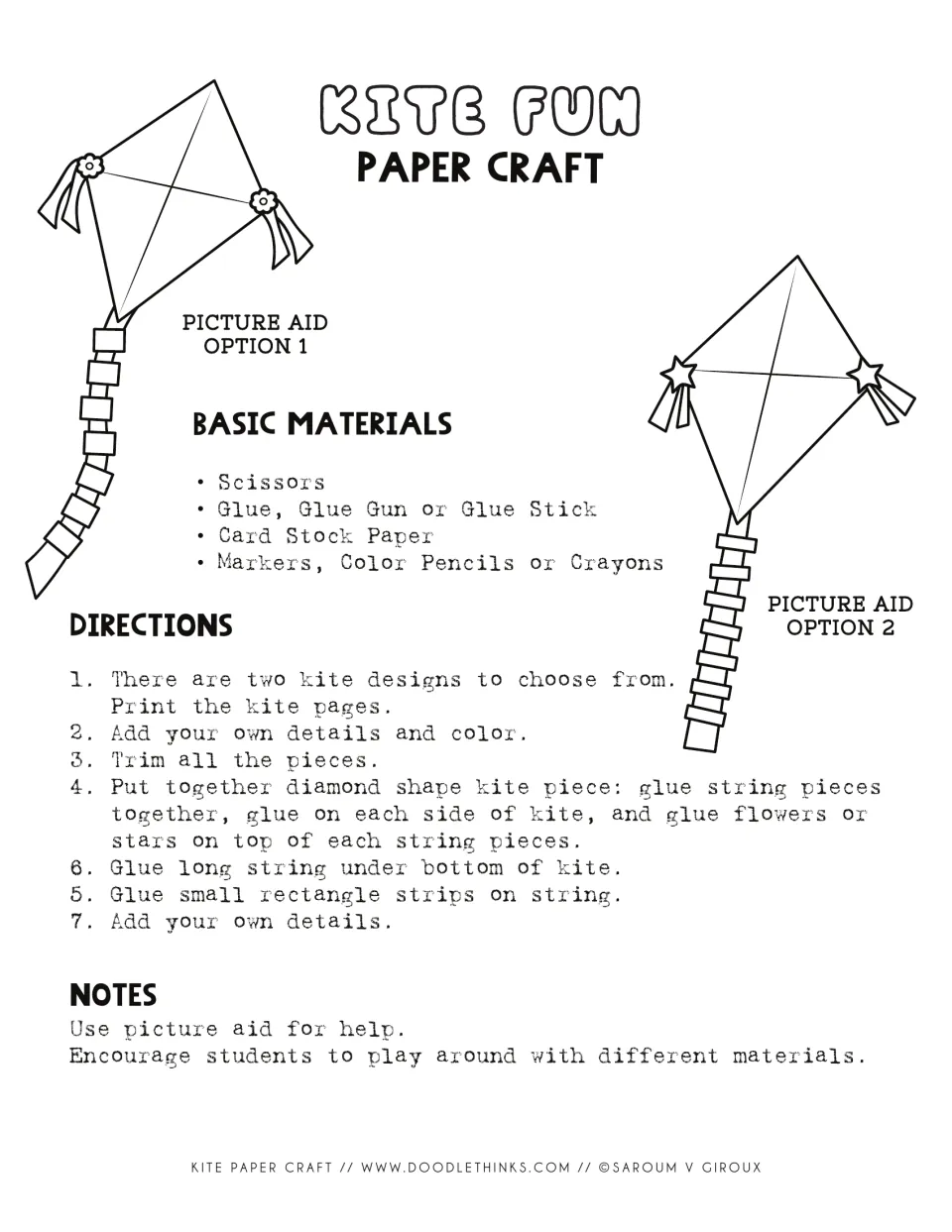 Kite paper craft directions: materials list, 7 assembly steps and two picture aids, a flower kite and a star kite