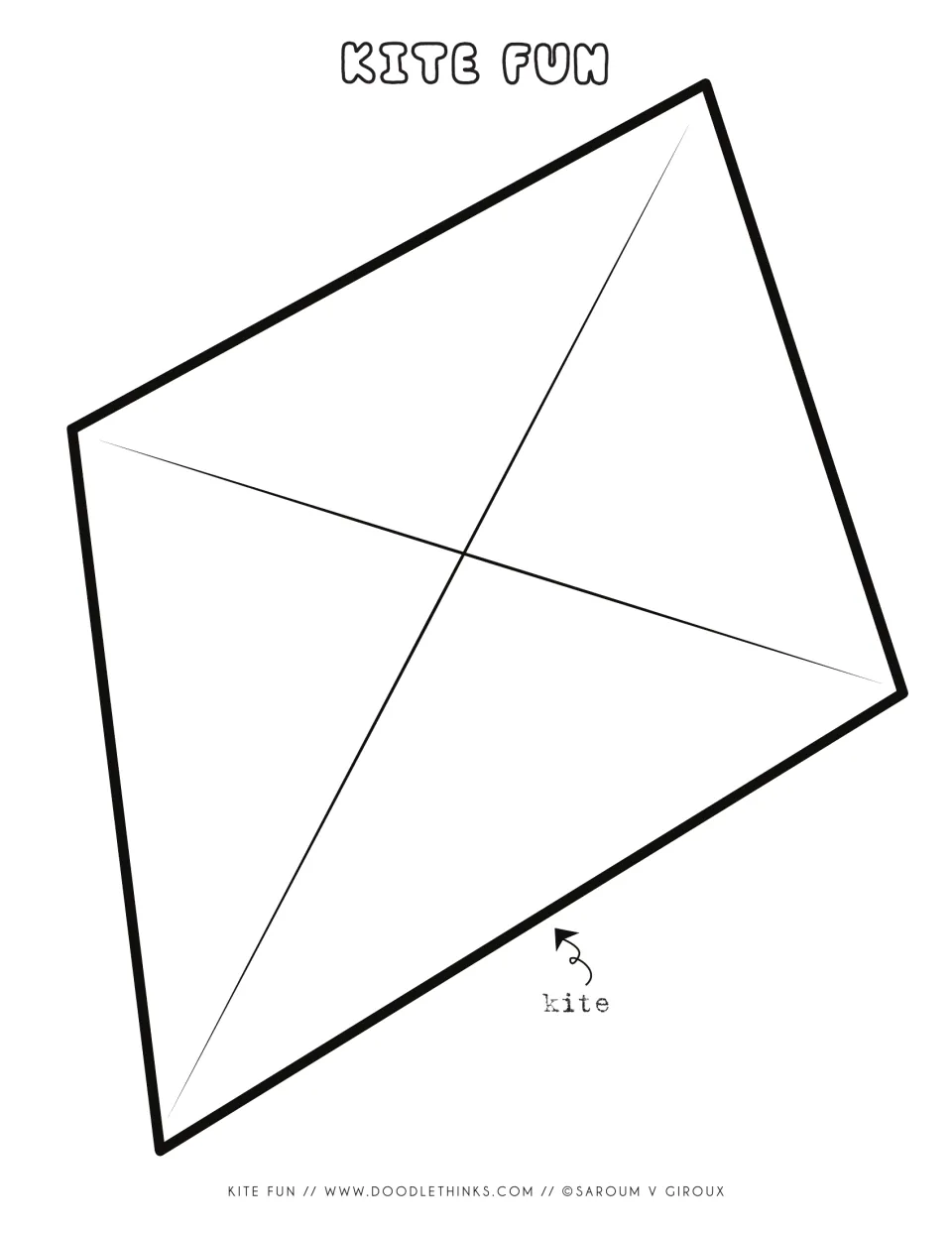 Diamond kite body template labeled kite: a large cut-out piece with crossing spars for students to color and trim