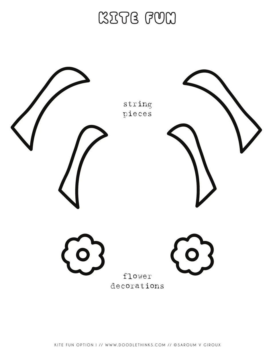 Flower kite cut-out pieces: four curved string pieces and two flower decorations that glue to the kite's side corners