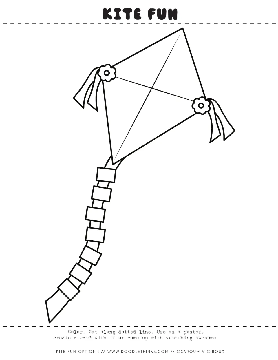 Flower kite coloring page: students color the assembled kite, cut along the dotted line and use it as a poster or card
