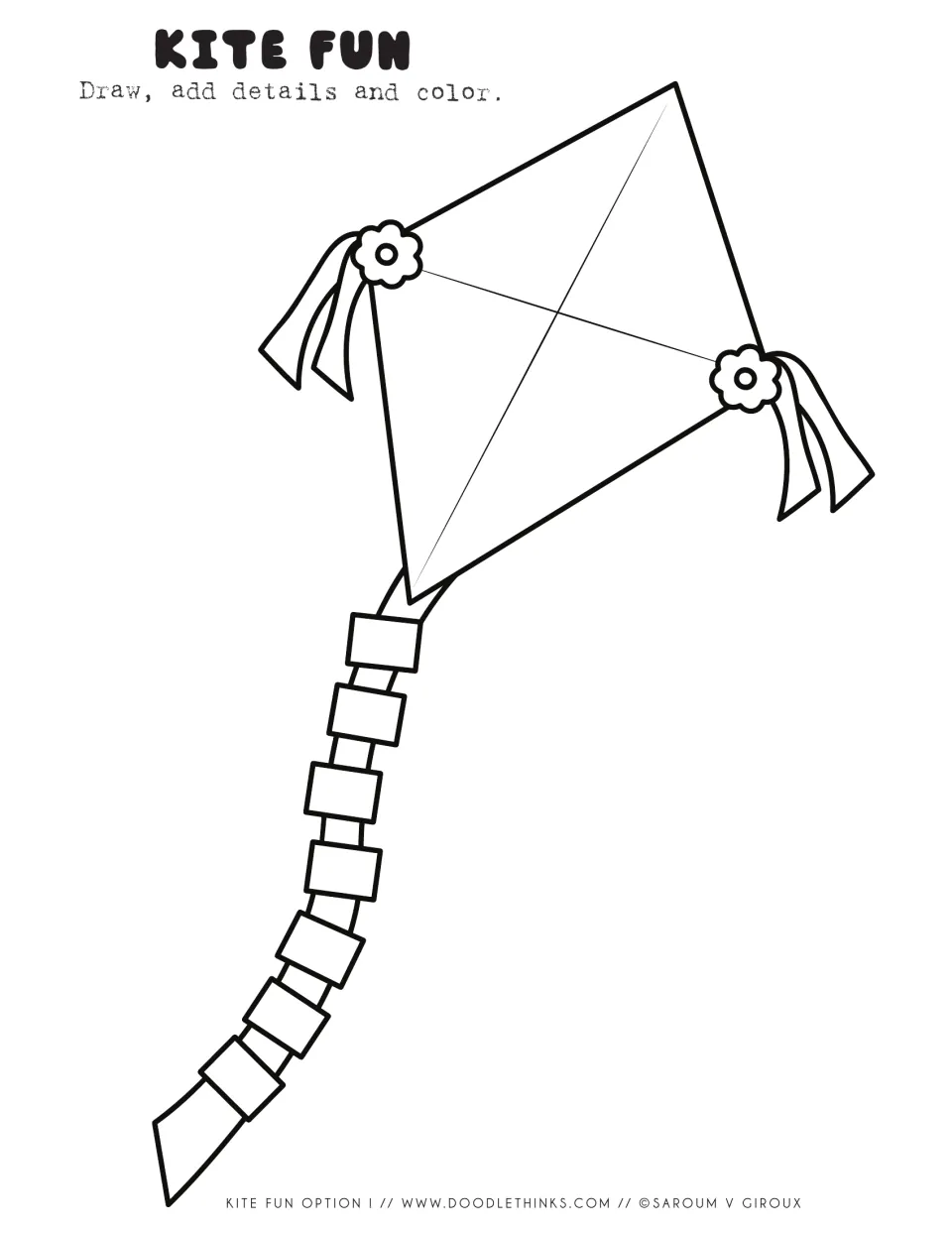 Flower kite drawing prompt: students draw, add their own details and color the kite with flower bows and a block tail