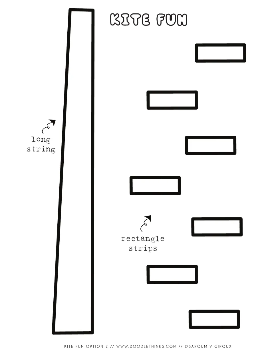 Star kite tail cut-out pieces: one straight tapered long string and seven thin rectangle strips to glue across it