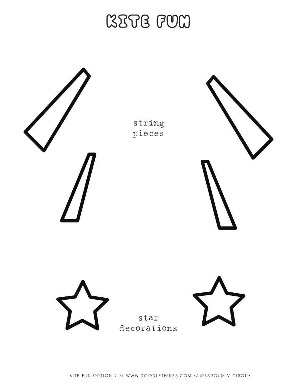 Star kite cut-out pieces: four straight tapered string pieces and two star decorations for the kite's side corners