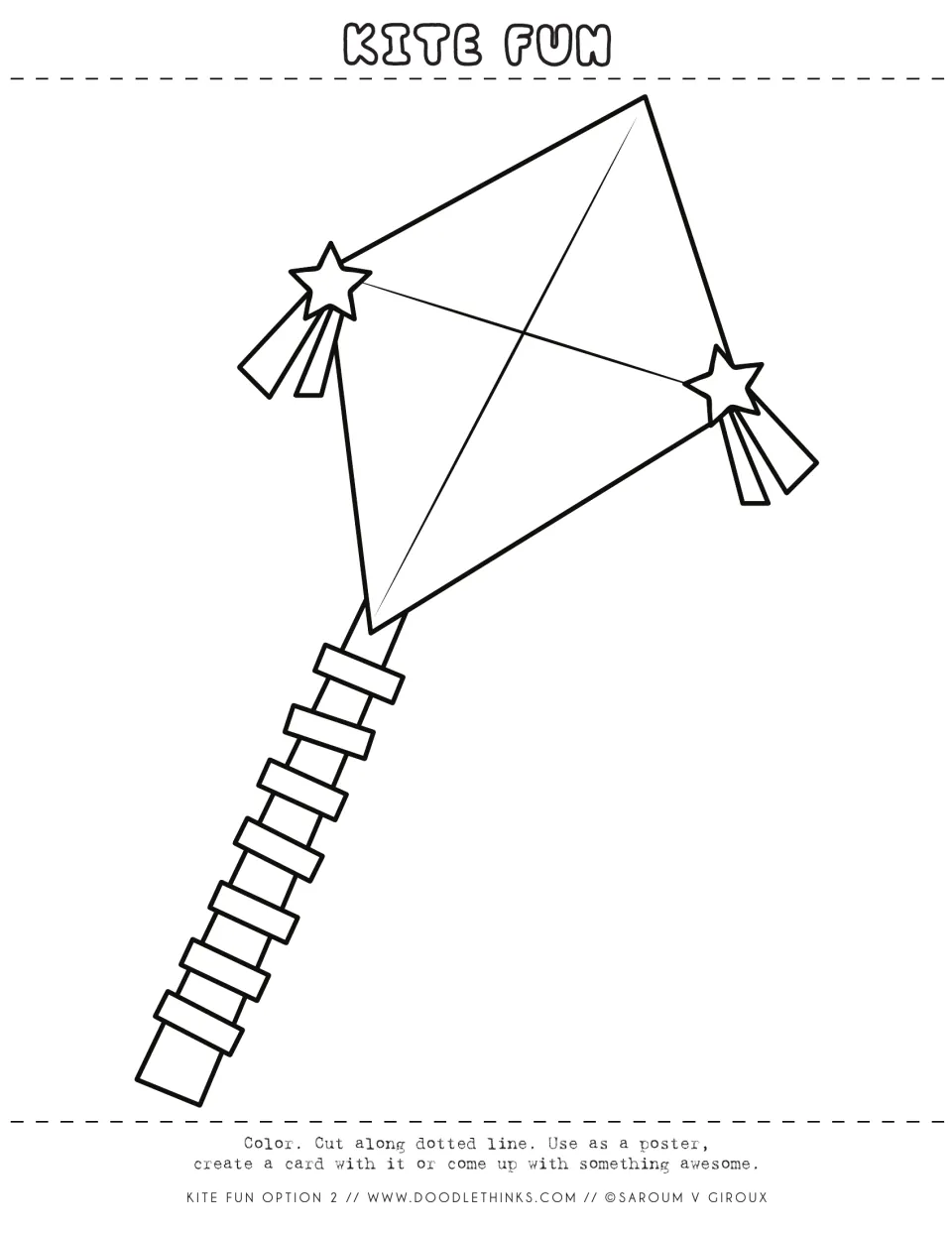 Star kite coloring page: students color the finished kite with star bows, cut on the dotted line and make a poster or card