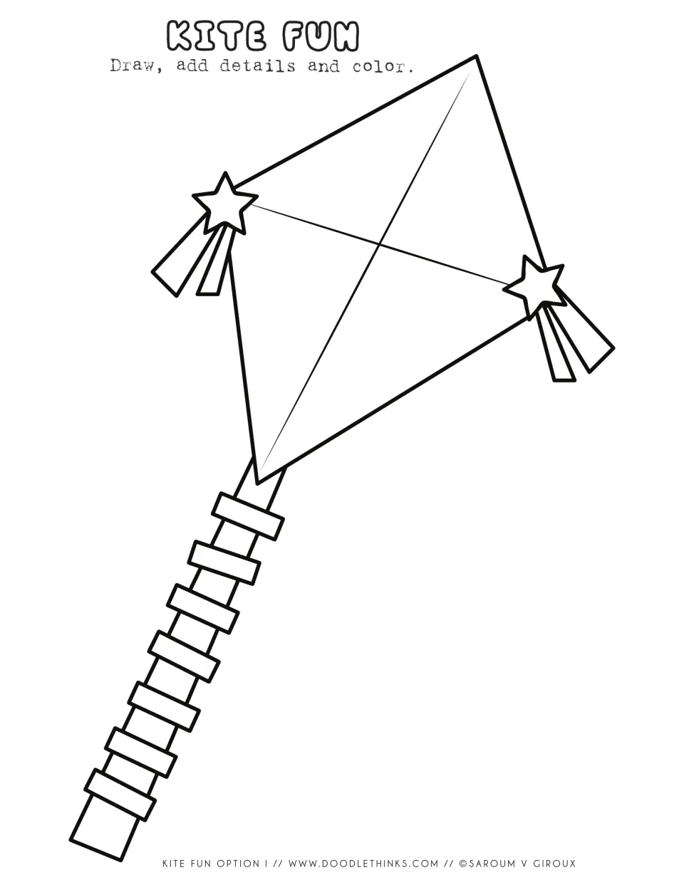 Star kite drawing prompt: students draw, add details and color a kite with star bows and a long banded tail