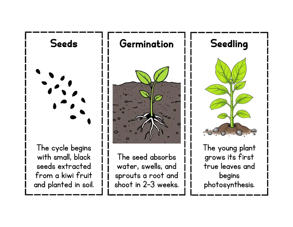 Kiwi life cycle cards 1–3: Seeds, Germination, and Seedling, with pictures and descriptions of each stage