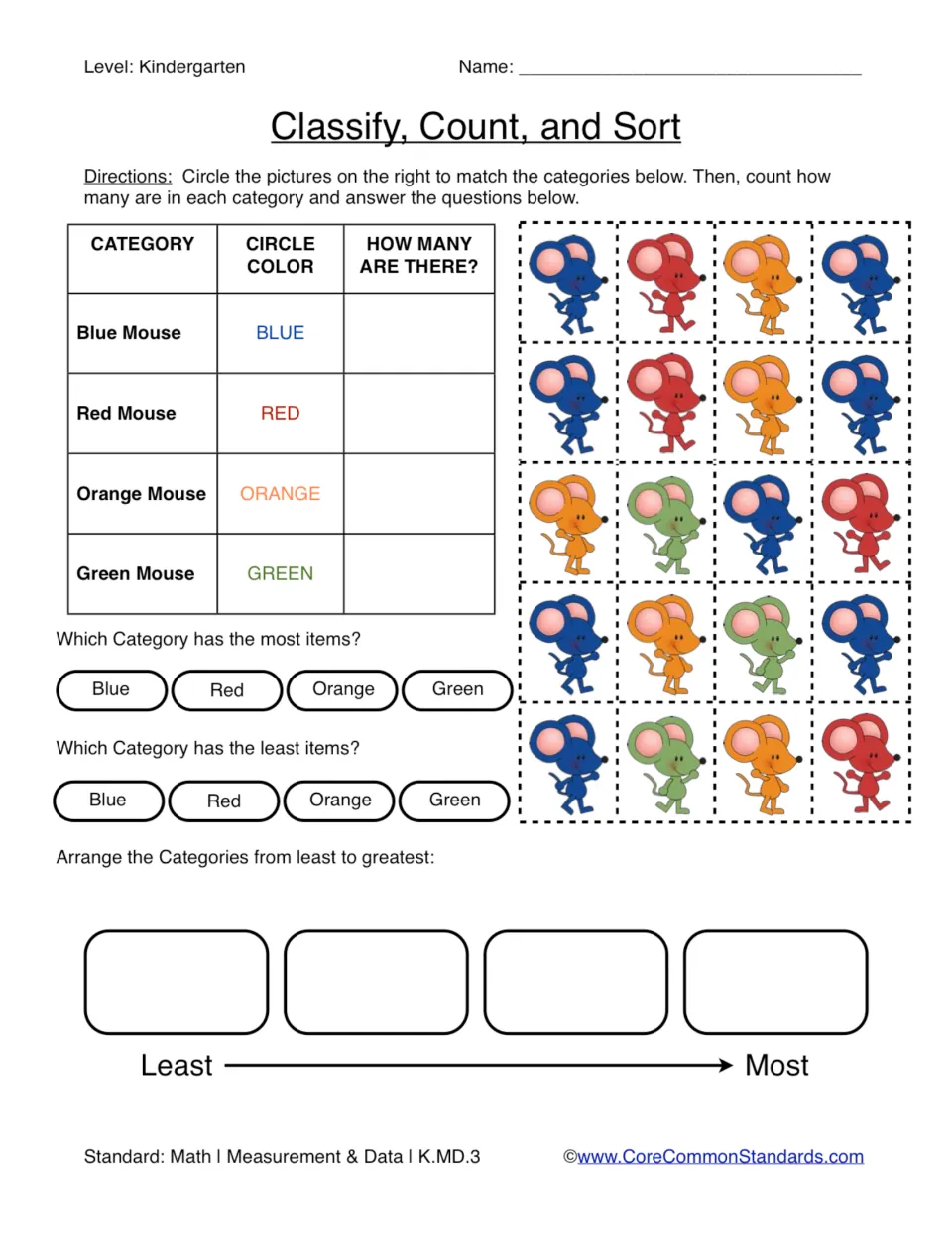 Sorting worksheet 2: categorize 20 mice by blue, red, orange, and green, then count and compare groups.