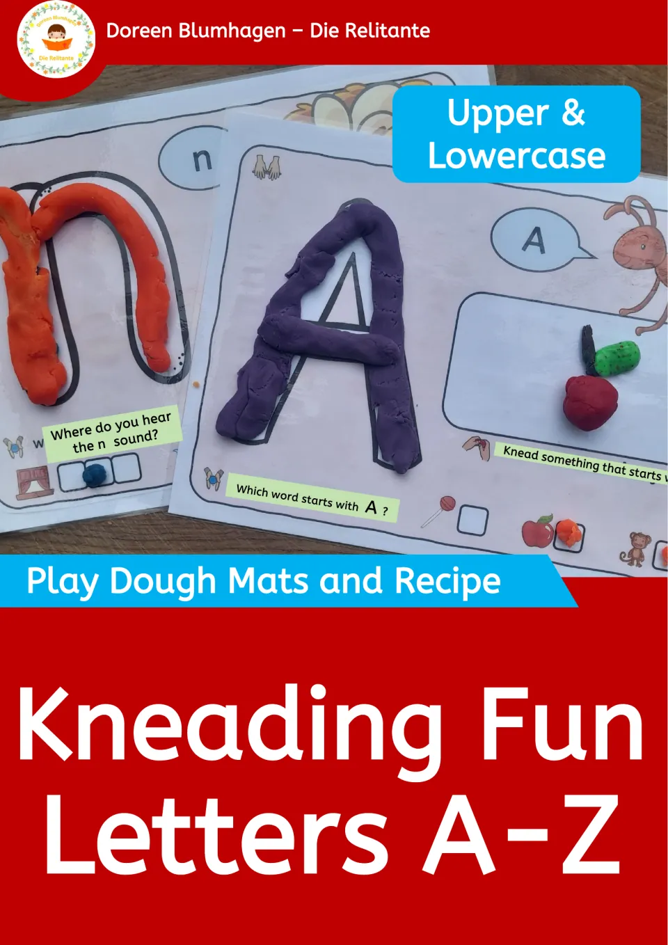 Kneading Fun Letters A-Z cover: play dough mats and recipe for upper and lowercase, with dough shaped into A and n