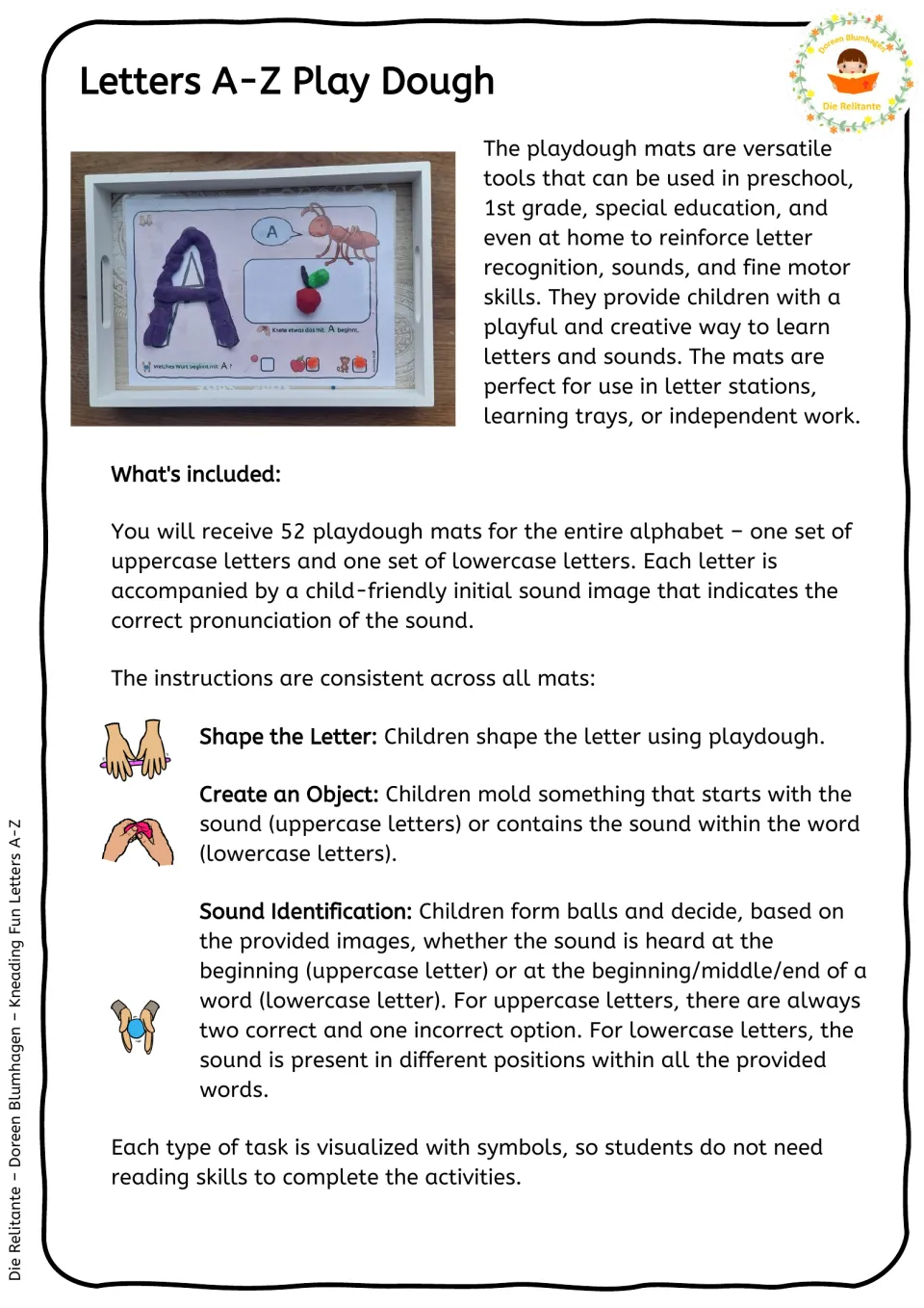 Play dough overview: 52 upper and lowercase letter mats with tasks to shape the letter, mold an object and find the sound