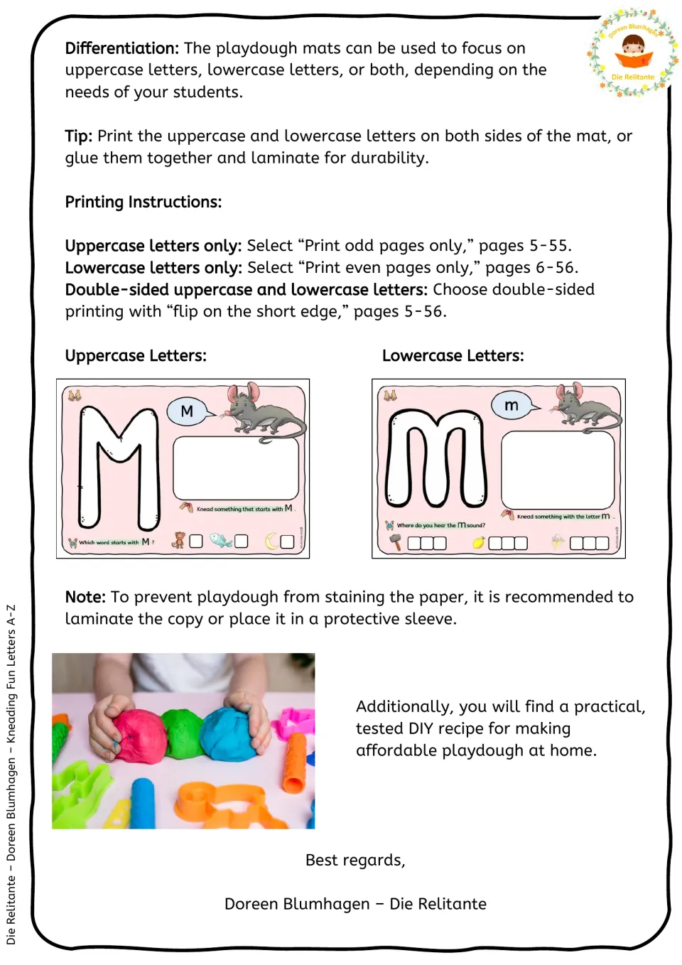 Differentiation and printing tips: odd pages for uppercase, even pages for lowercase, sample M and m mats, laminating note