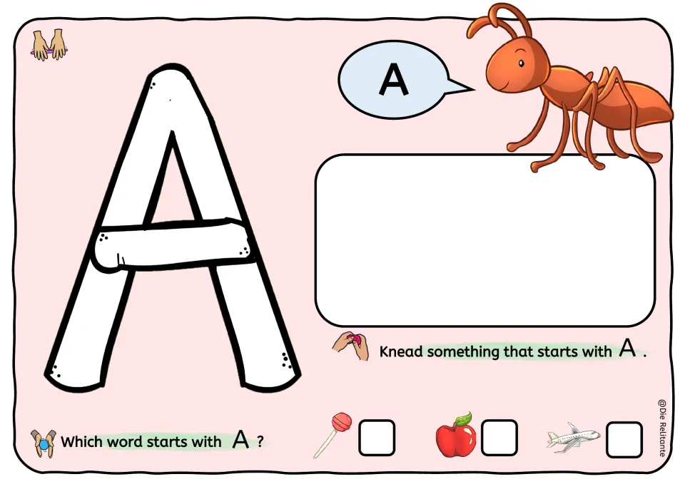 Letter A mat: students form A in dough, knead an A object and mark which of lollipop, apple and plane start with A