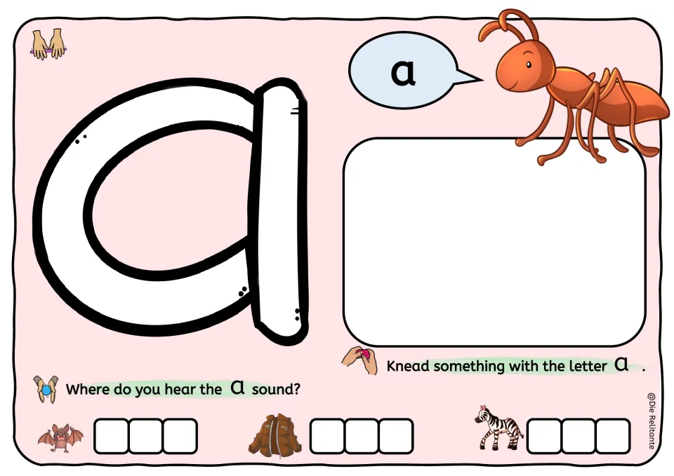Lowercase a mat: students shape a, knead something with a and mark where a is heard in bat, jacket and zebra