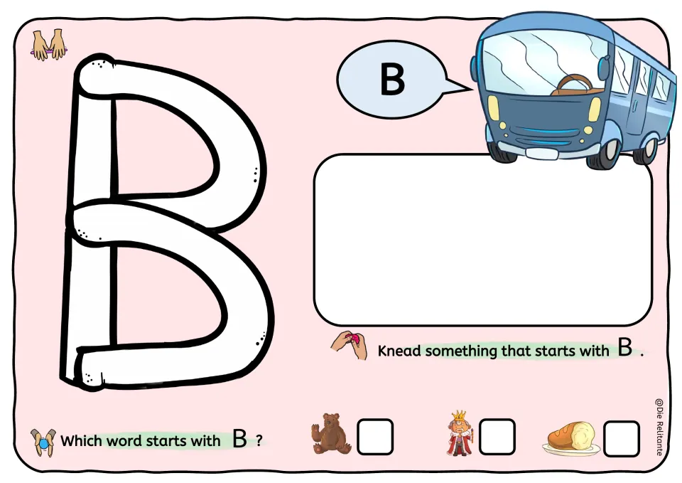 Letter B mat: students form B in dough, knead a B object and pick which of bear, king and bread start with B