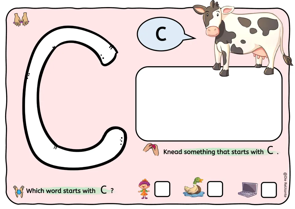Letter C mat: students form C in dough, knead a C object and choose which of clown, duck and laptop start with C