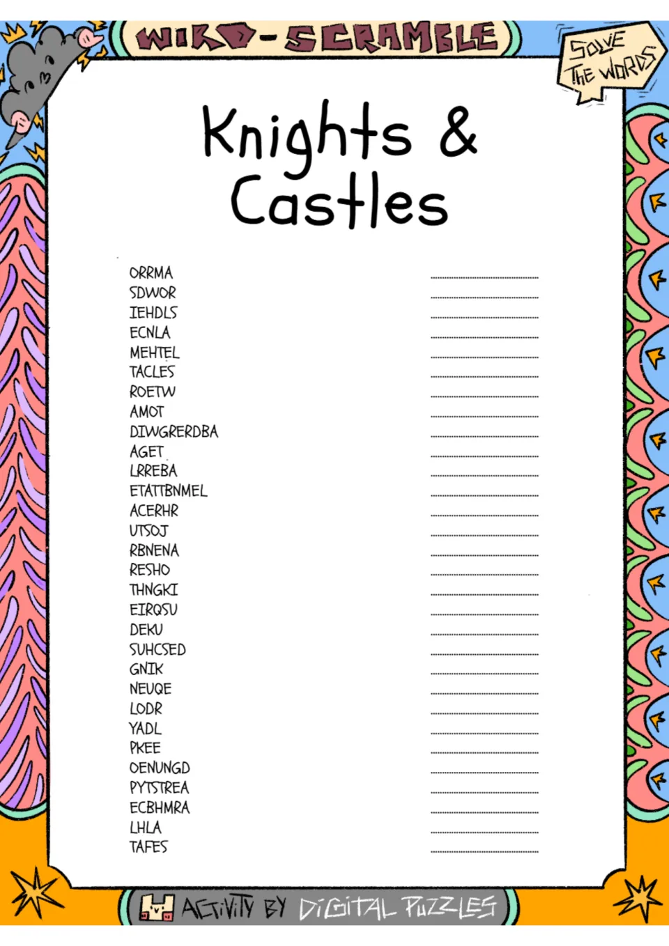 Knights and castles word scramble: students unscramble 30 words such as ORRMA and SDWOR to spell medieval vocabulary