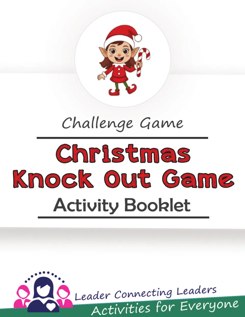 Cover of the Christmas Knock Out Game challenge activity booklet, shown with a smiling elf holding a candy cane