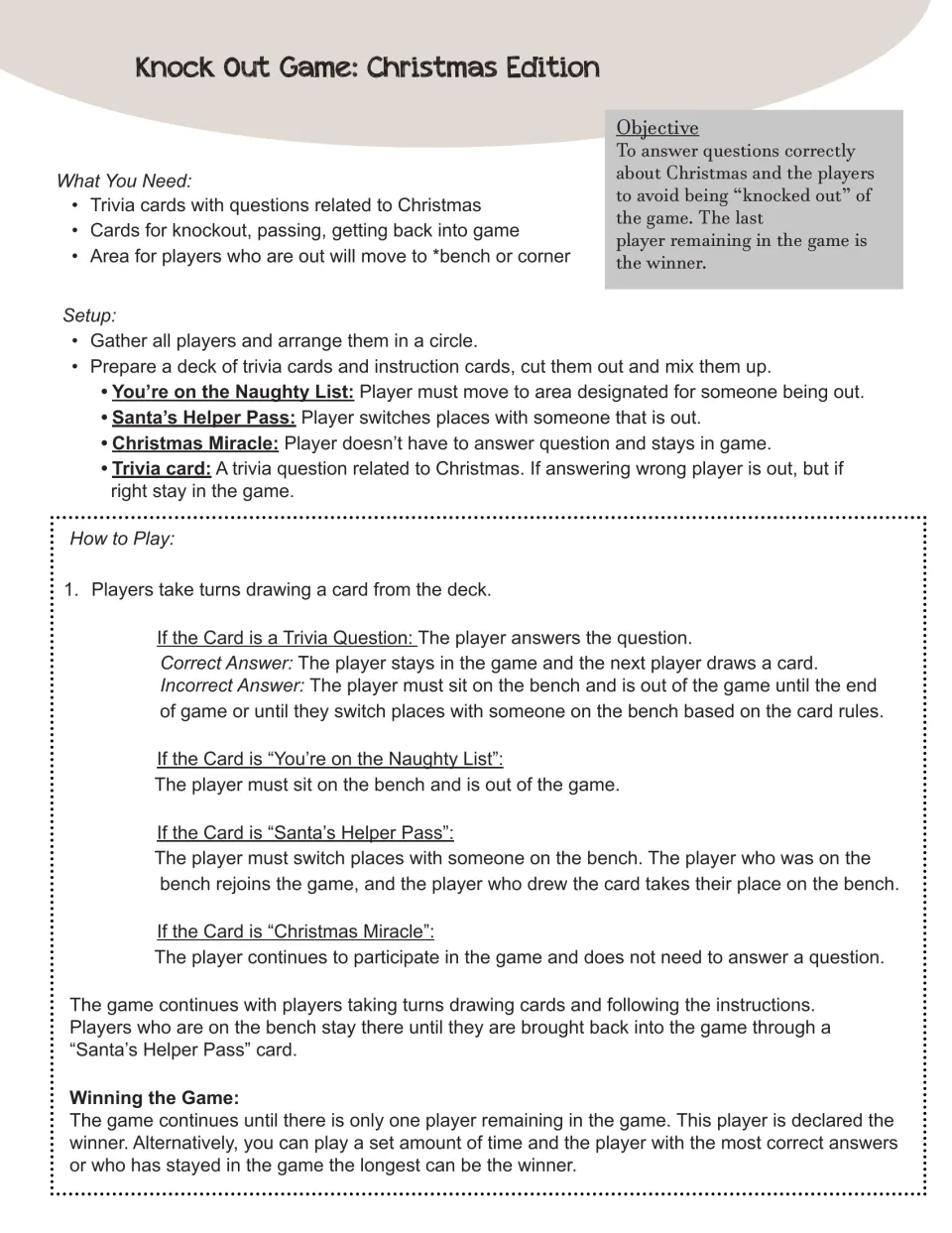 Game directions: objective, materials, setup and rules for trivia, Naughty List, Helper Pass and Miracle cards