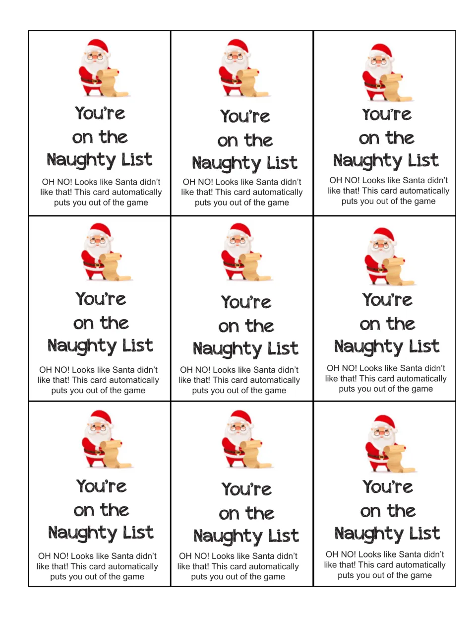 Nine You're on the Naughty List cards with Santa reading a scroll; drawing one puts the player out of the game