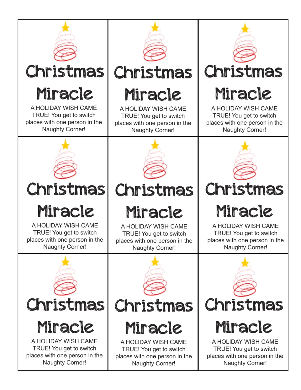 Nine Christmas Miracle cards with a star-topped tree; the holder switches places with one person in the Naughty Corner