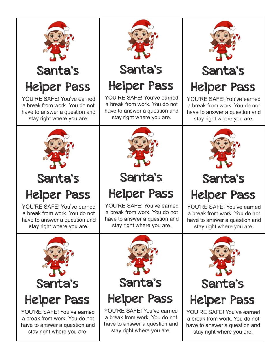 Nine Santa's Helper Pass cards with an elf; the player is safe, skips a question and stays right where they are