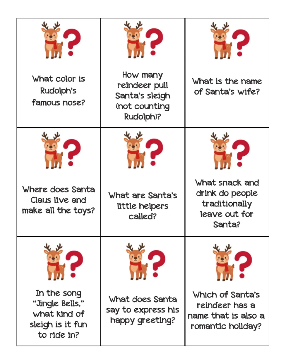 Christmas trivia cards: players answer nine questions on Rudolph's nose, sleigh reindeer, Santa's wife and Jingle Bells