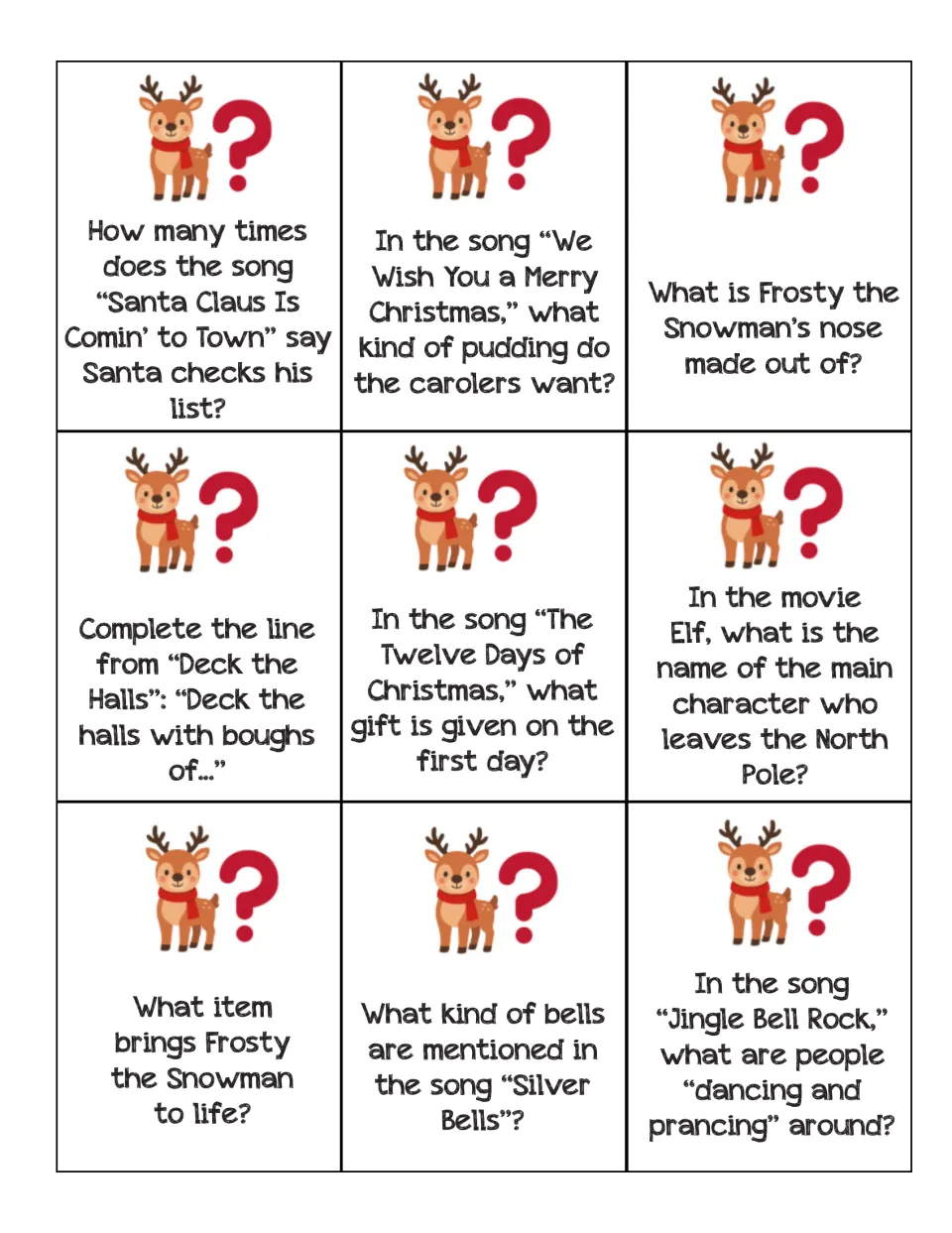 Holiday song and movie trivia cards: Deck the Halls, Twelve Days of Christmas, Frosty the Snowman, Silver Bells and Elf