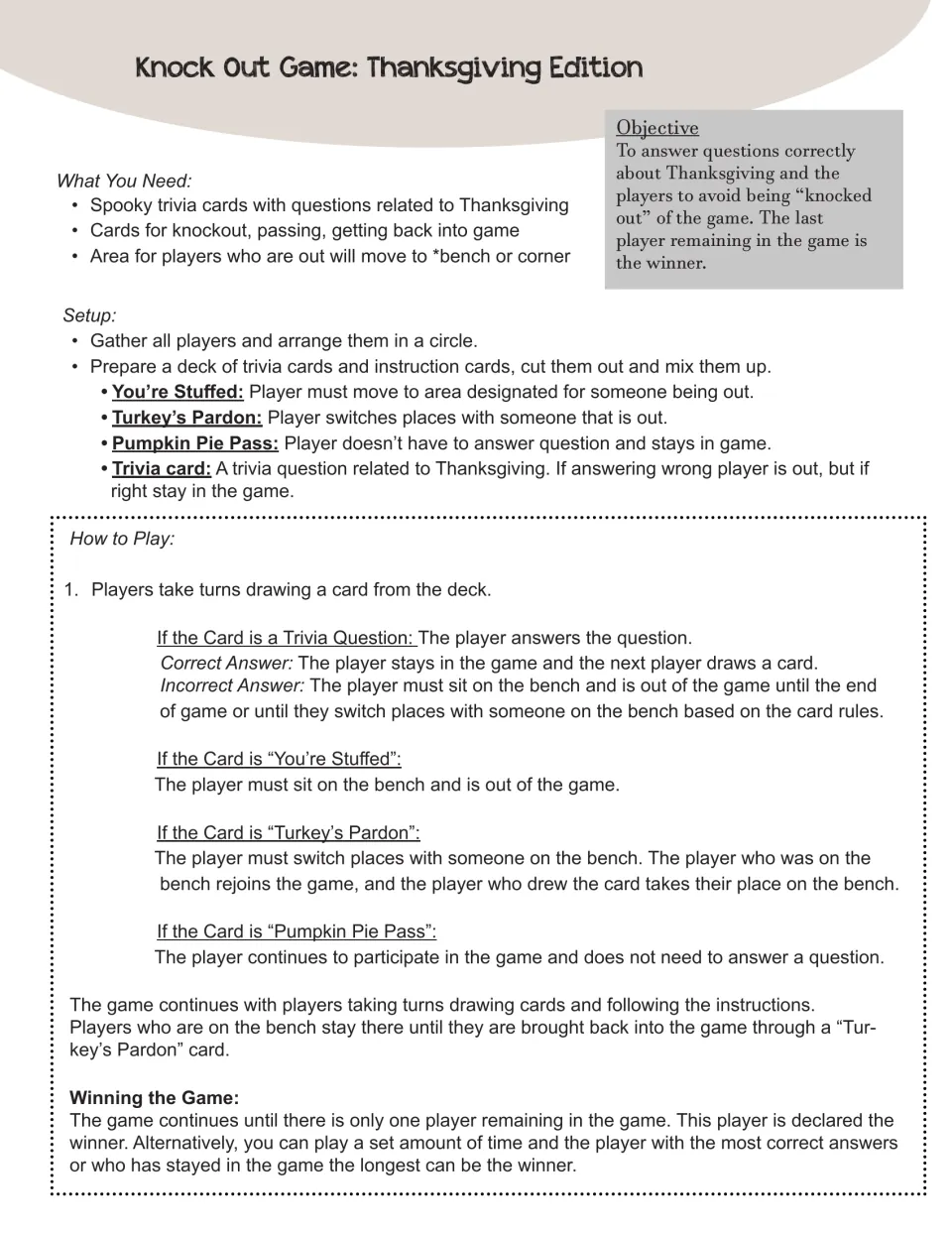 Game rules: objective, setup and turn steps for trivia, You're Stuffed, Turkey's Pardon and Pumpkin Pie Pass cards