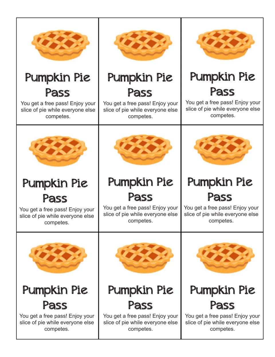 Nine Pumpkin Pie Pass cards with a lattice pie picture; drawing one gives a free pass so the player skips a question