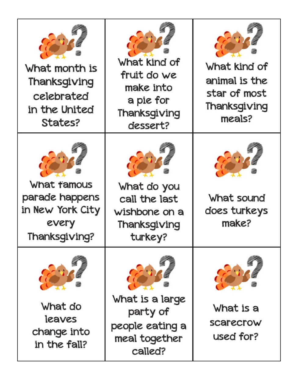 Nine Thanksgiving trivia cards asking the holiday's month, the NYC parade, turkey sounds, fall leaves and scarecrows