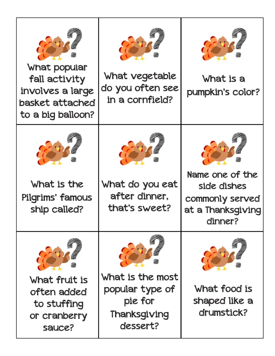 Nine more trivia cards asking about hot air balloons, the Pilgrims' ship, side dishes, cranberries and popular pies