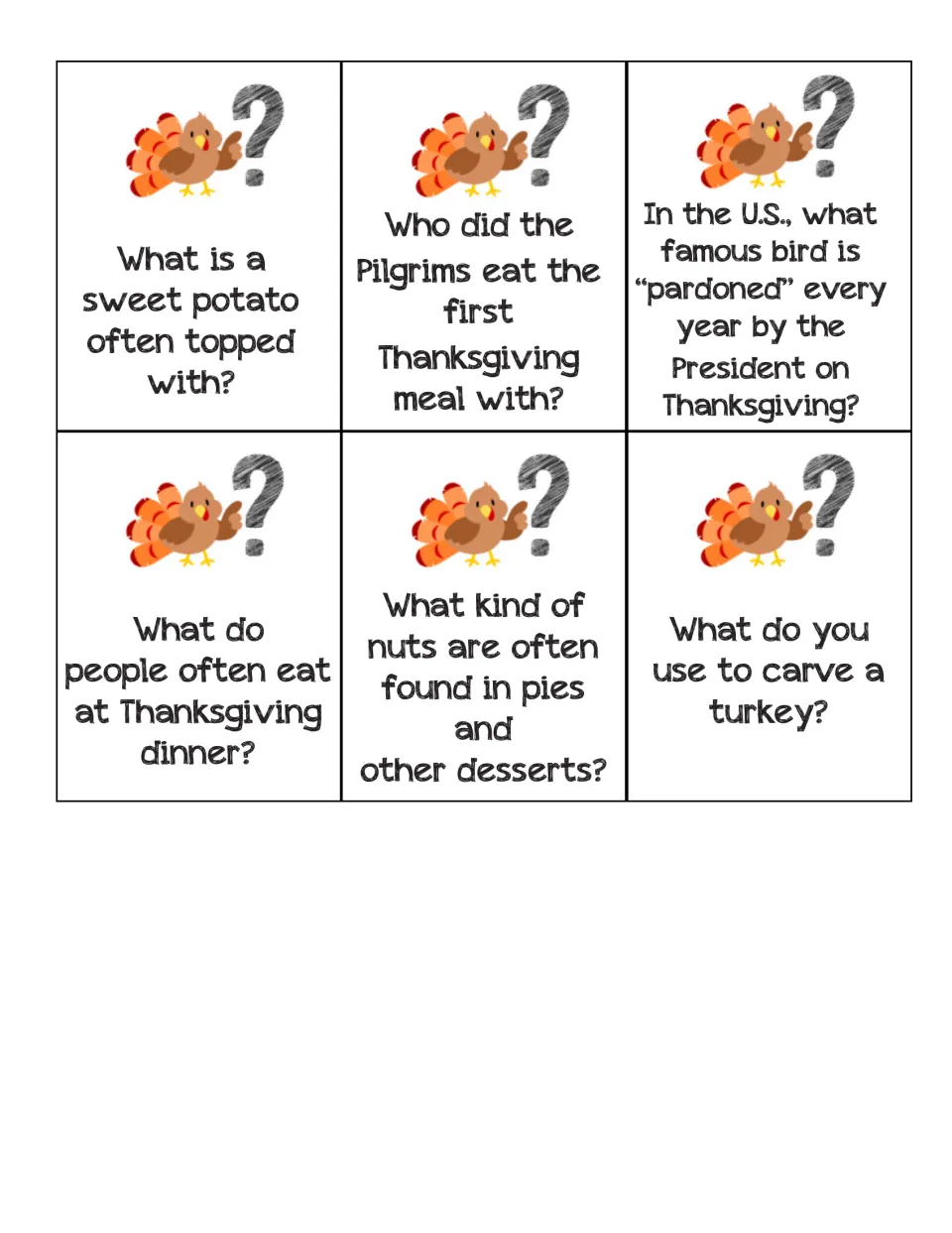 Last six trivia cards: sweet potato toppings, who shared the first feast, the pardoned bird, pie nuts and carving a turkey