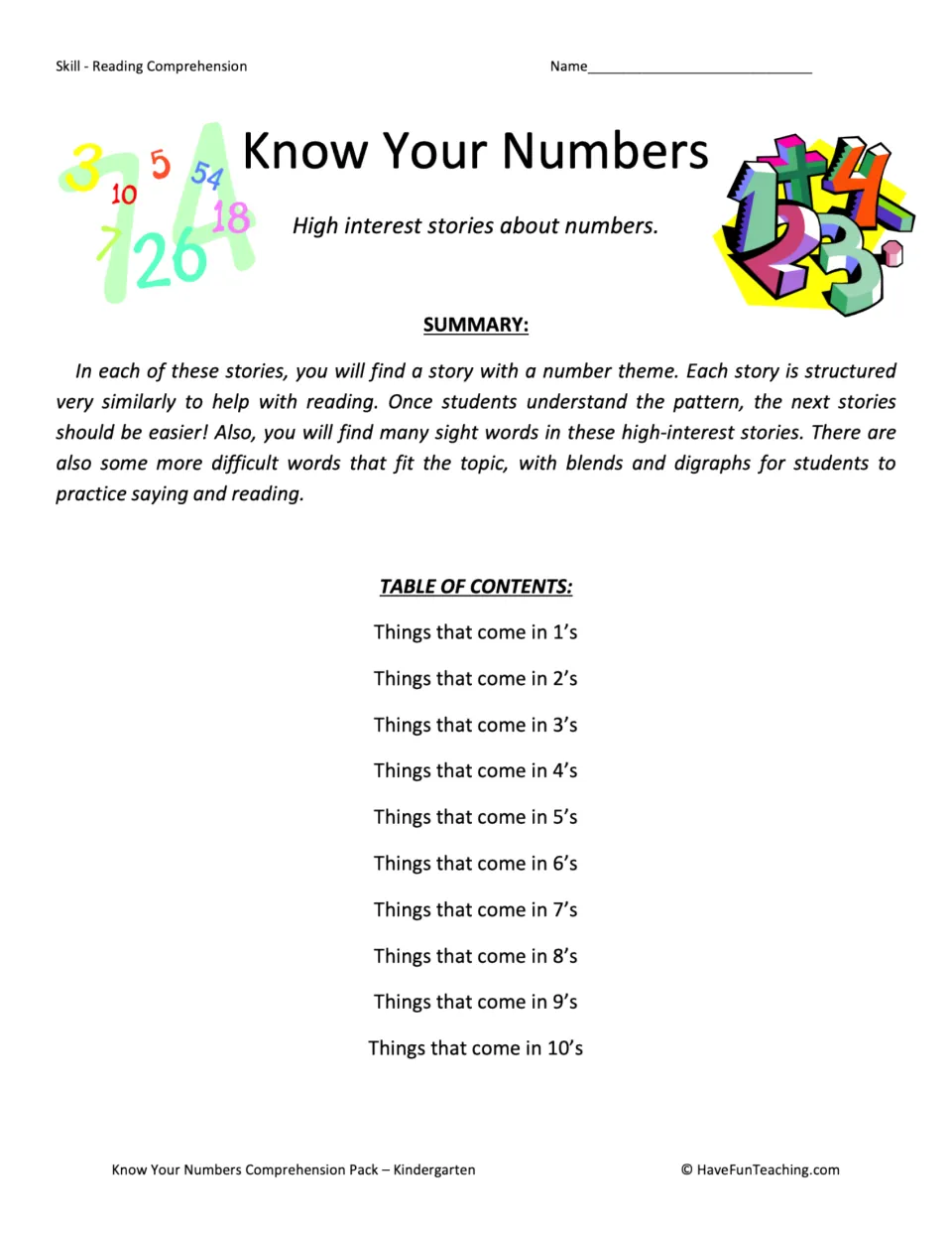 Know Your Numbers cover: summary of number-theme stories with sight words and contents for things in 1s to 10s