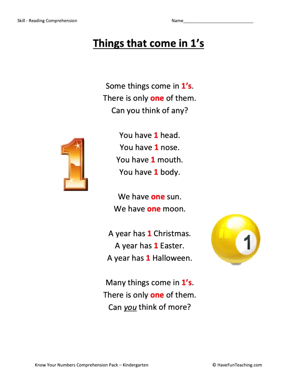 Things that come in 1s story: students read about having 1 head, nose and mouth, one sun, one moon and 1 Christmas a year