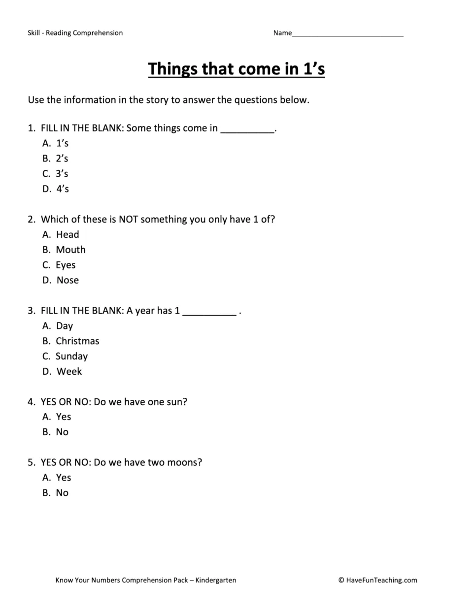 Things that come in 1s quiz: students answer 5 multiple-choice and yes-or-no questions using details from the story