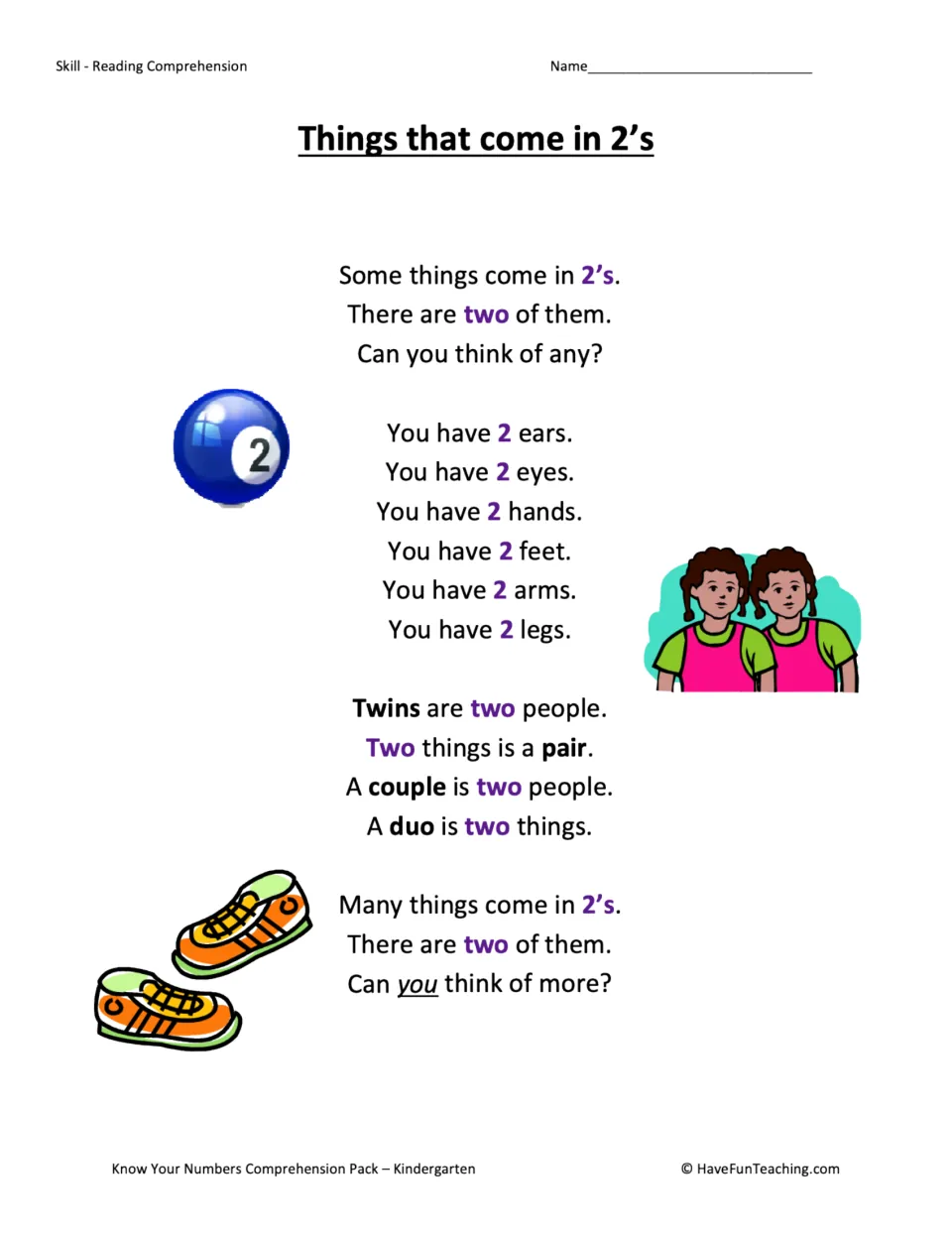 Things that come in 2s story: students read about 2 ears, eyes and hands, and words twins, pair, couple and duo