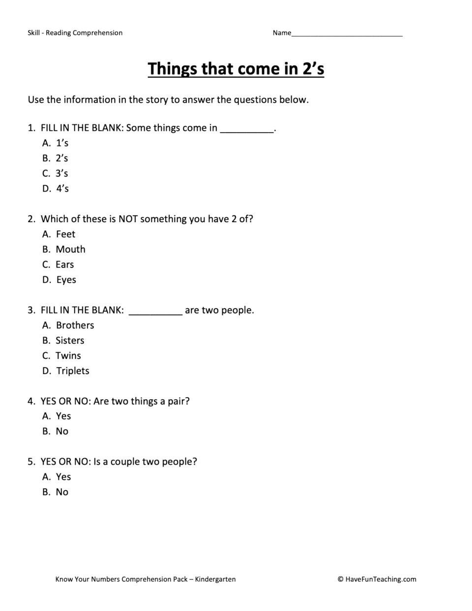 Things that come in 2s quiz: students answer 5 questions on body parts, twins, pairs and couples using the story details