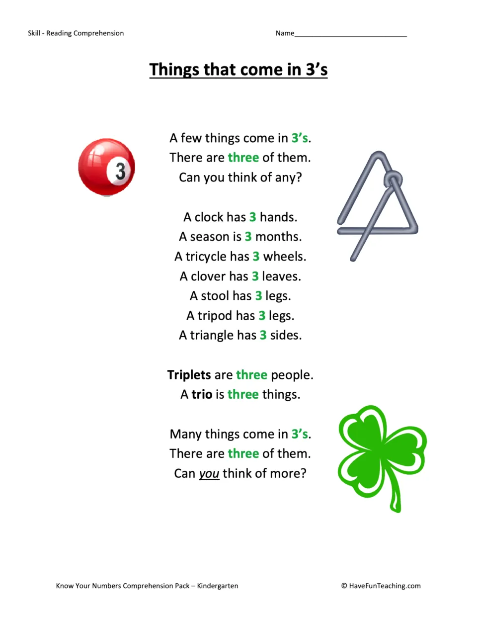 Things that come in 3s story: students read that a clock has 3 hands, a tricycle 3 wheels and a clover 3 leaves