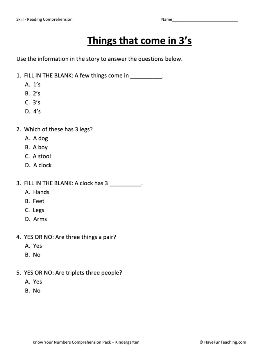 Things that come in 3s quiz: students choose what has 3 legs, what a clock has 3 of, and answer yes/no on triplets