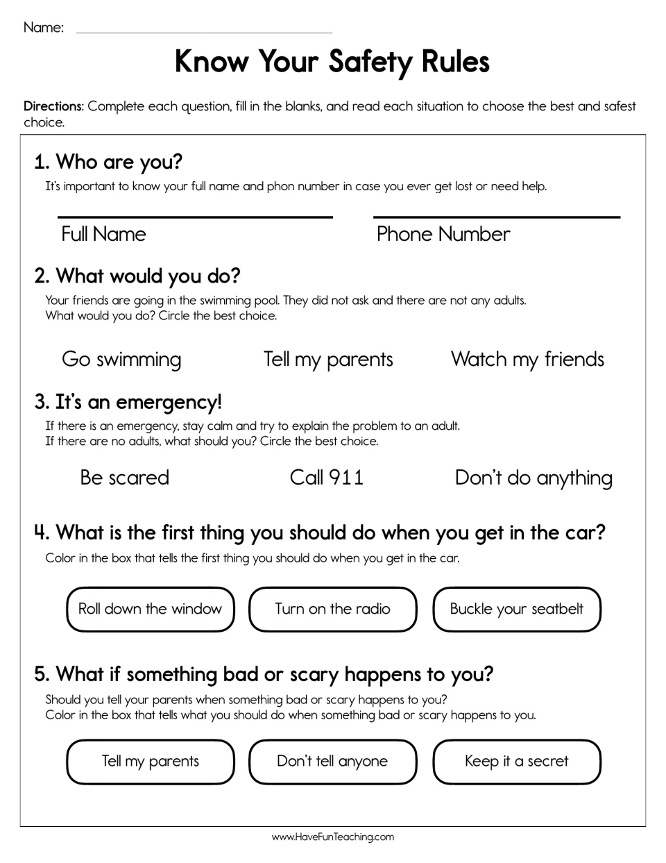 Personal safety: students write their name and phone number, then pick safe choices for pool, emergency, car and scary events