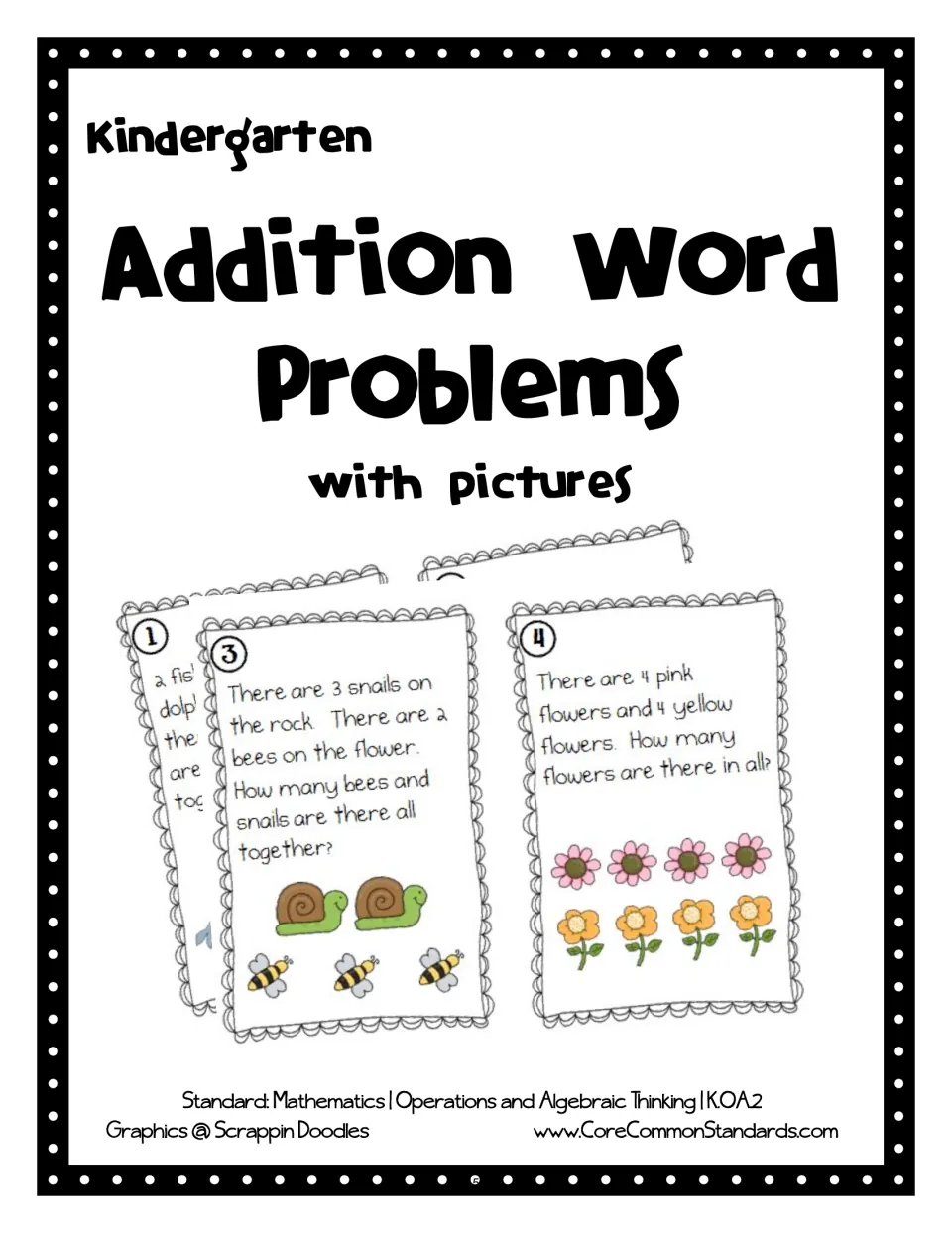 Addition Word Problems with pictures section cover for kindergarten, showing sample illustrated cards