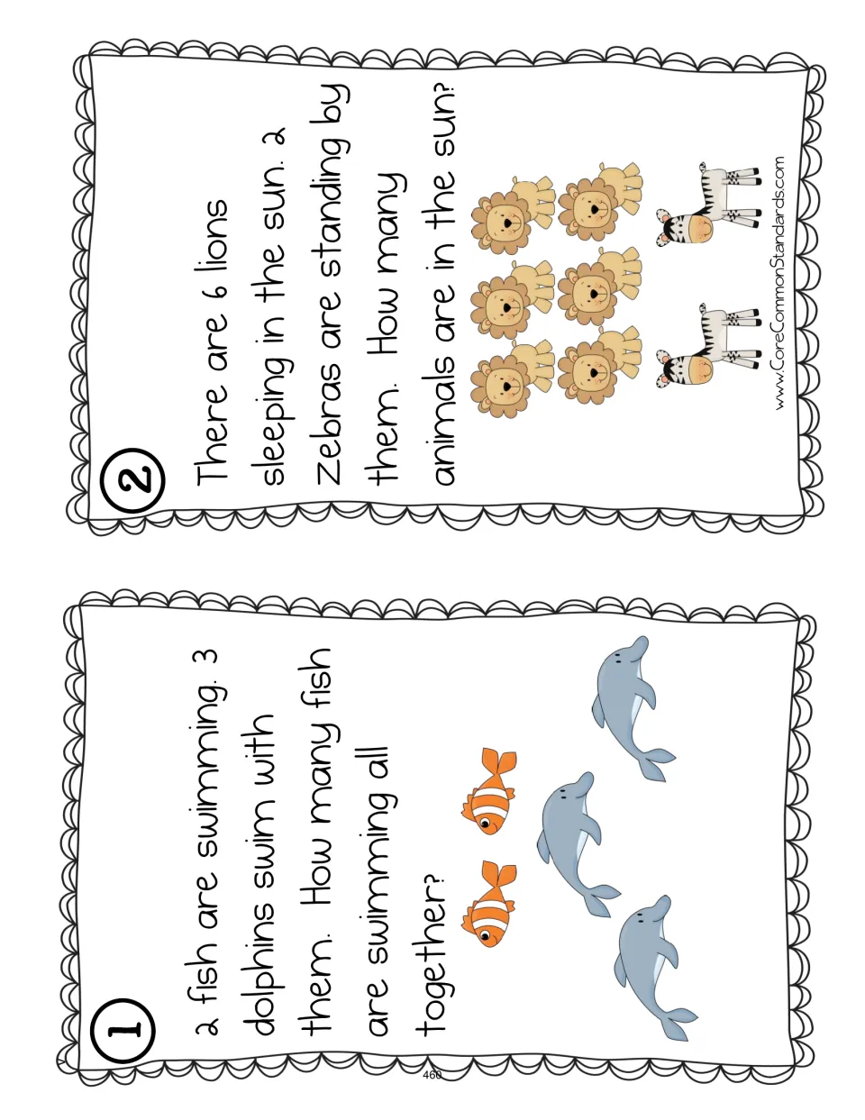Addition cards 1–2 of eight: combine 2 fish and 3 dolphins, then 6 lions and 2 zebras using pictures