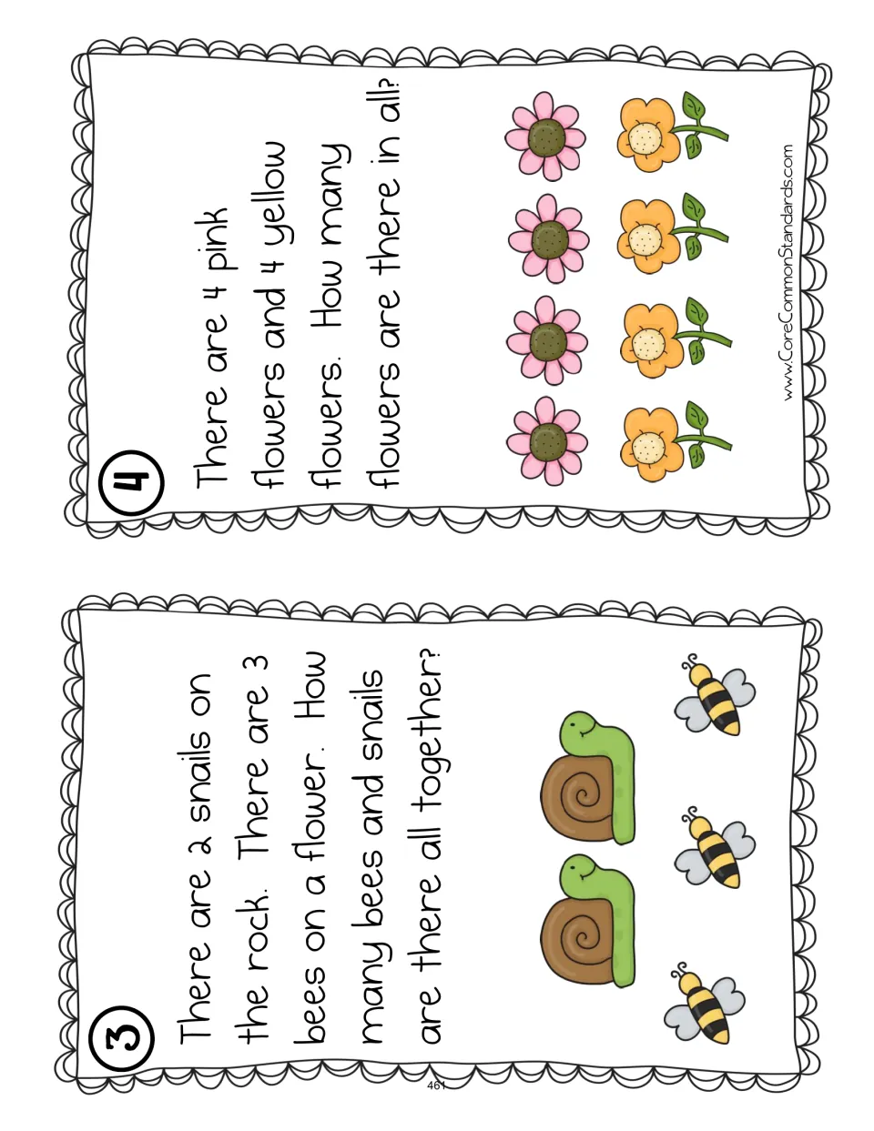 Addition cards 3–4 of eight: combine 2 snails and 3 bees, then 4 pink flowers and 4 yellow flowers
