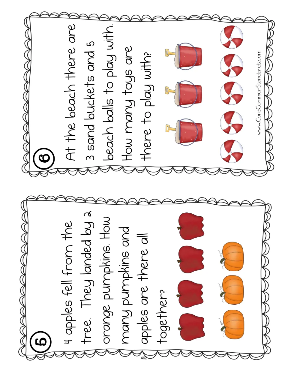Addition cards 5–6: 4 apples and 2 pumpkins in the text, plus 3 buckets and 5 balls; art shows 3 pumpkins