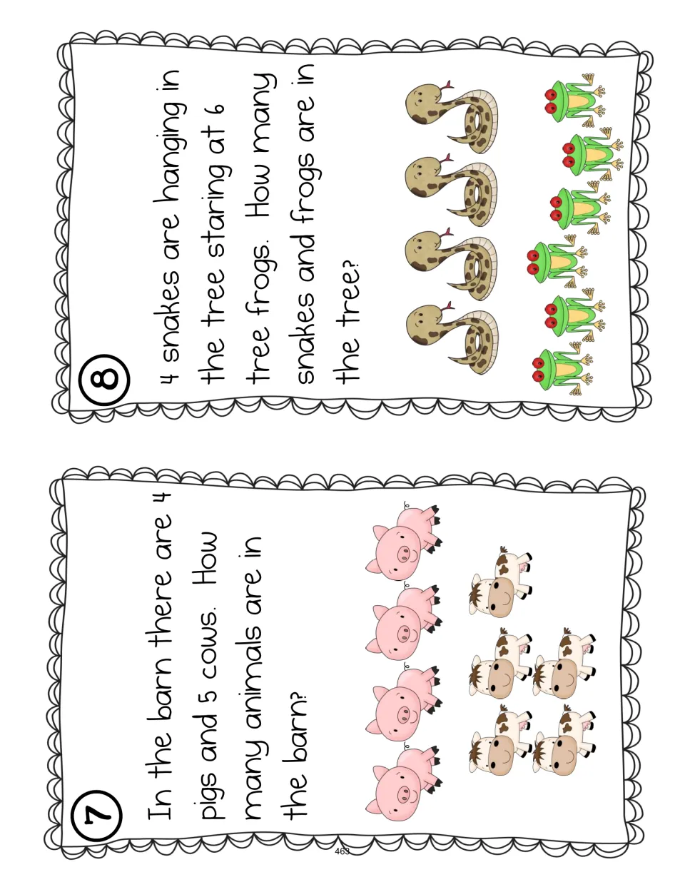 Addition cards 7–8 of eight: combine 4 pigs and 5 cows, then 4 snakes and 6 tree frogs using pictures