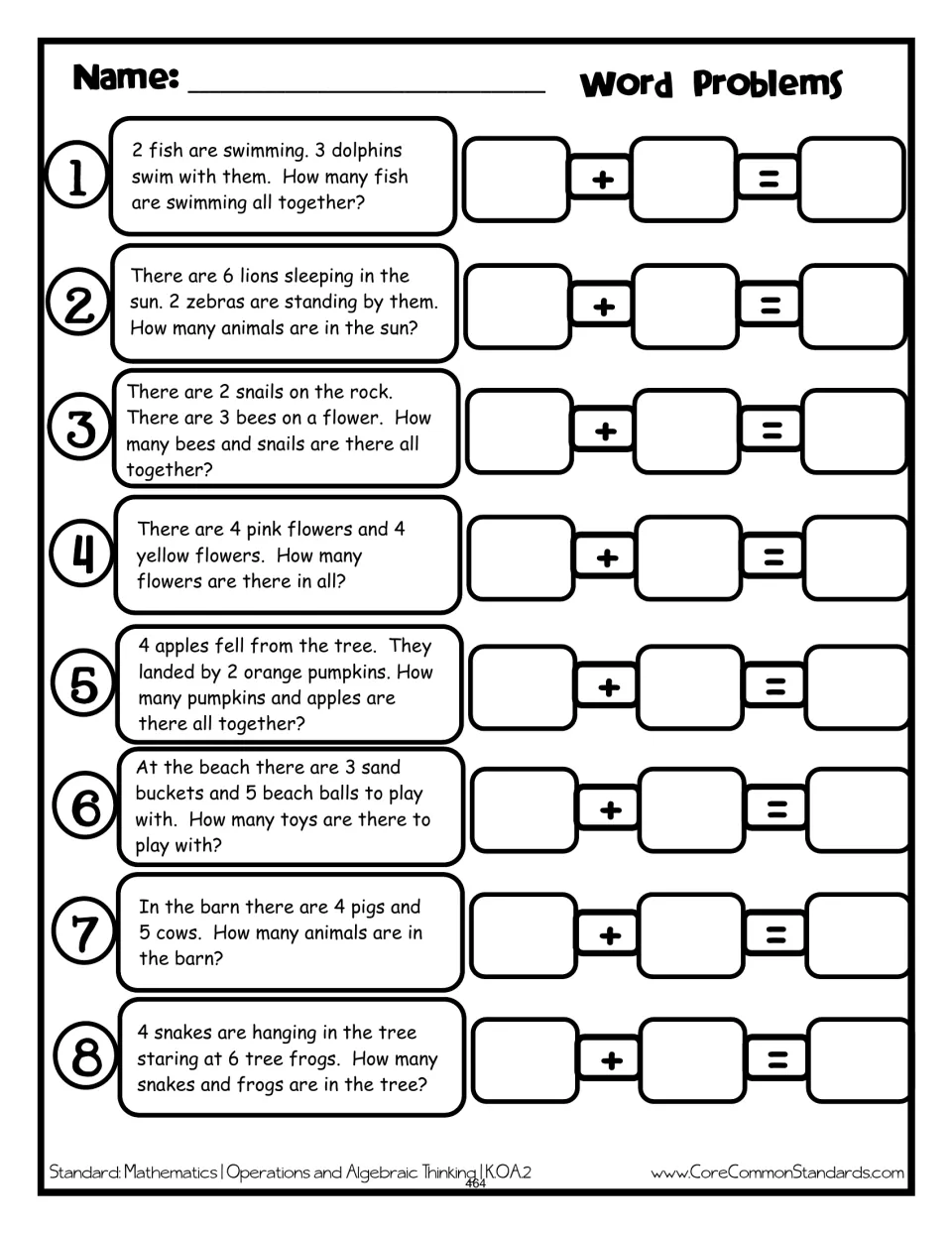Addition recording sheet repeats all eight card word problems for students to complete number sentences