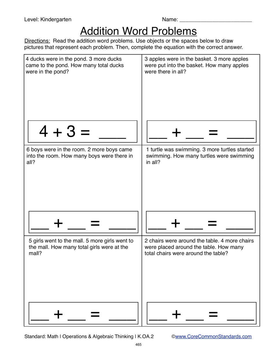 Six addition word problems about ducks, apples, boys, turtles, girls, and chairs use drawings and equations