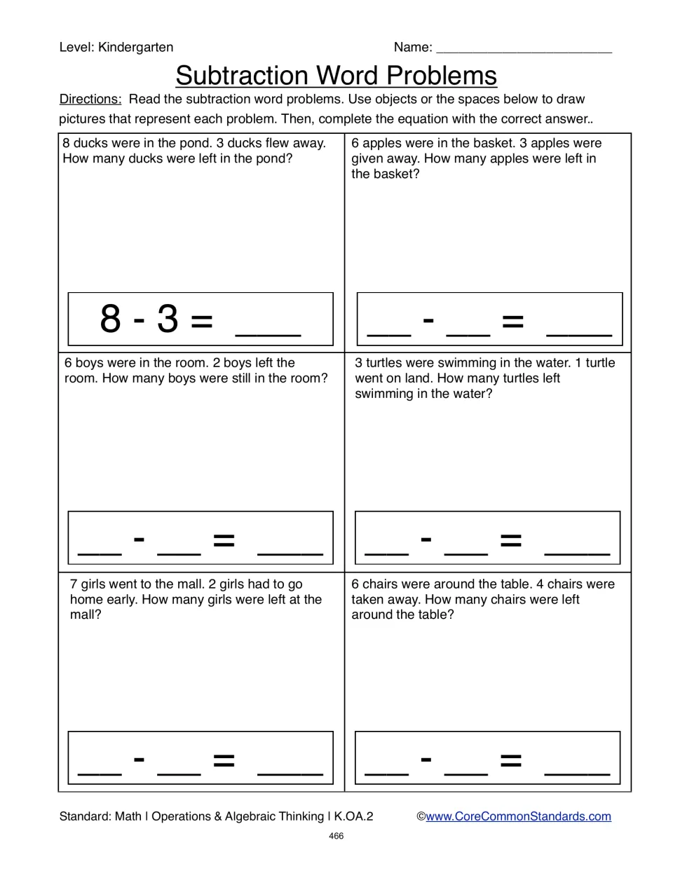 Six subtraction word problems use objects or drawings and equations, beginning with 8 ducks minus 3 ducks