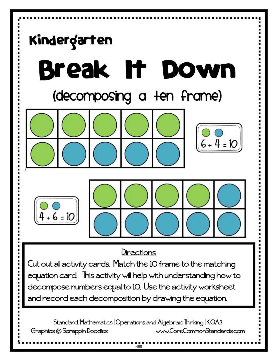 Break It Down directions: match ten frames to equation cards, with examples 6 + 4 = 10 and 4 + 6 = 10