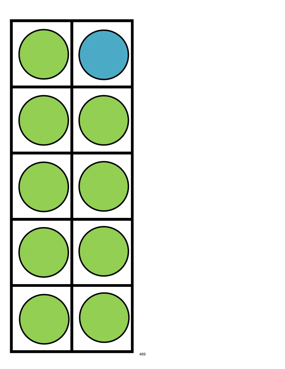 Ten-frame activity card showing 9 green counters and 1 blue counter to match to an equation totaling 10