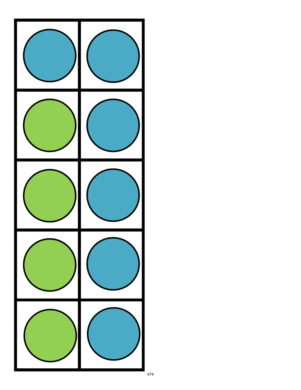 Ten-frame activity card showing 4 green counters and 6 blue counters to match to an equation totaling 10